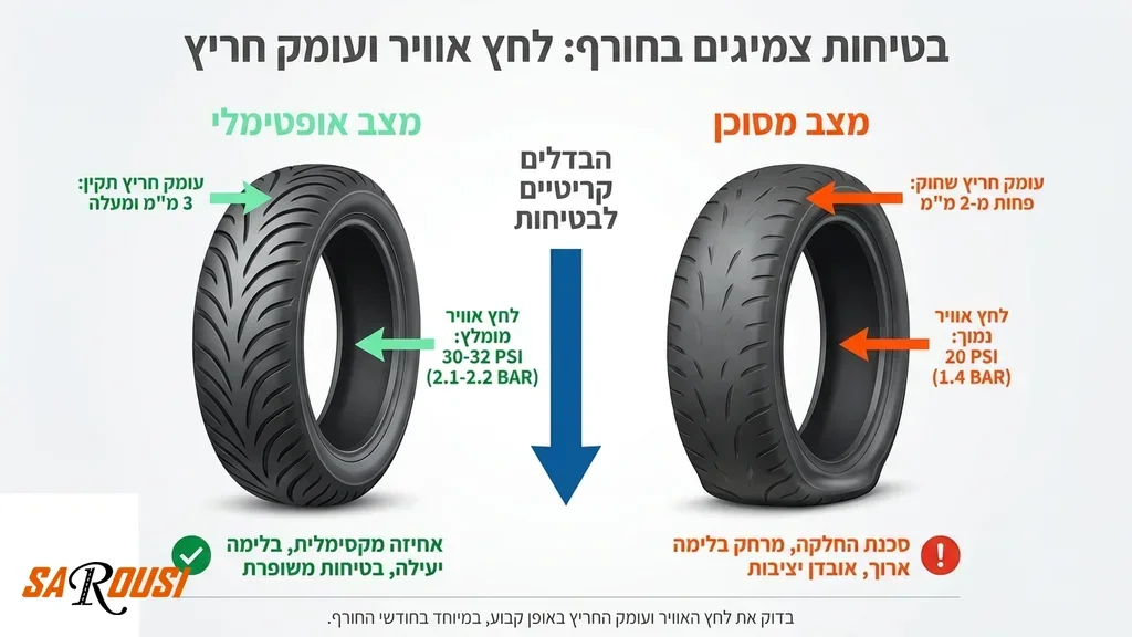 מכונאי מקצועי מבצע בדיקת צמיגי אופנוע לקראת החורף