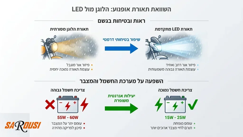 תאורת לד עוצמתית של אופנוע ביום חורף גשום