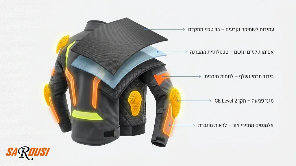 רוכב אופנוע לבוש ציוד חורף מקצועי באולם תצוגה