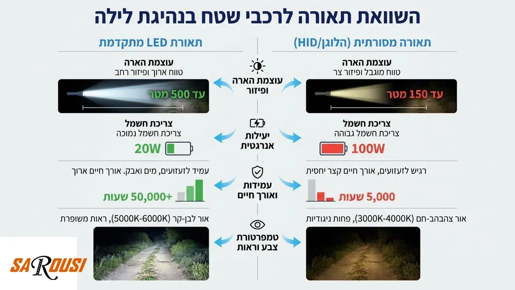 רכב שטח רייזר מואר בפנסי לד עוצמתיים בנסיעת לילה במדבר